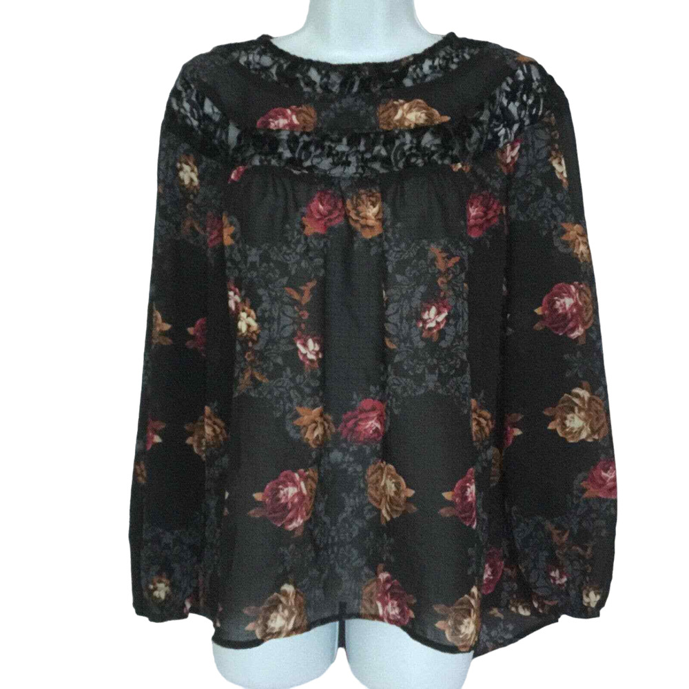 Knox Rose Black Lace Floral Boho Hi Low Bohemian Roses Blouse Top Women Size XS